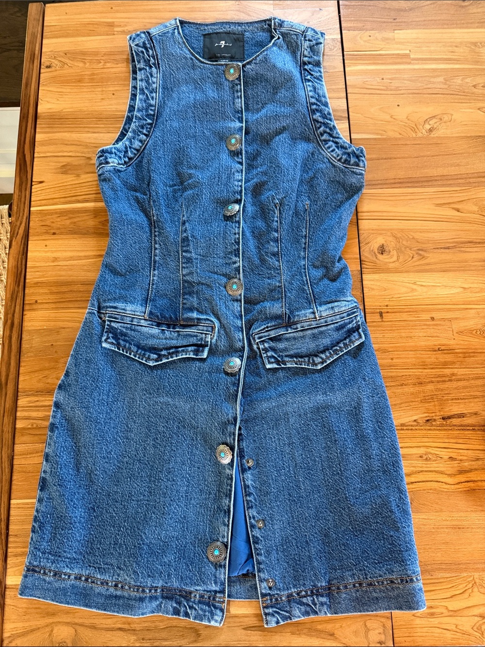 7 for all mankind denim sleeveless dress with pewter/faux turquoise button detai